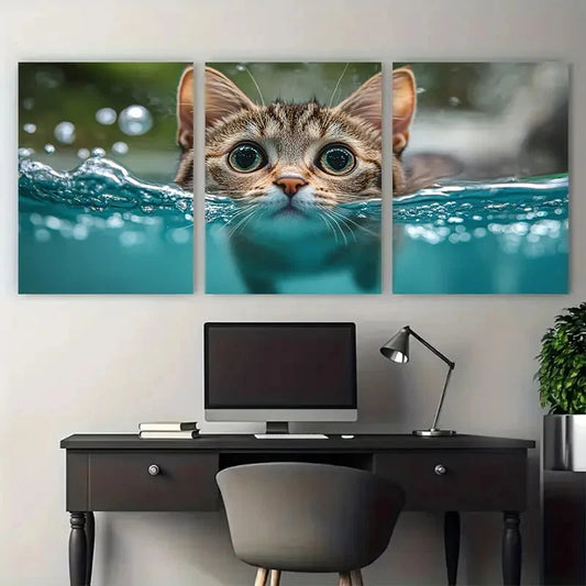 3pcs Funny Cat Swimming in Pool Illustration Metal Print Ready to Hang Art
