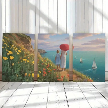 3pcs Seaside Cliff Wildflowers Landscape Painting Metal Print Ready to Hang Art
