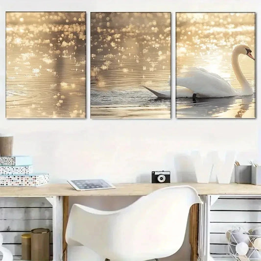 3pcs Serene Golden Swan by the Water Metal Print Ready to Hang Art