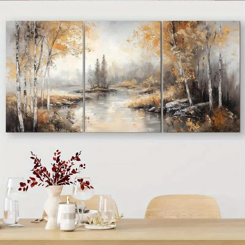 3pcs Autumn Forest Landscape Serene Birch Trees Metal Print Ready to Hang Art