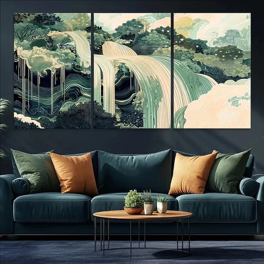 3pcs Japanese Jungle Waterfall Wall Art Metal Print Ready to Hang Art