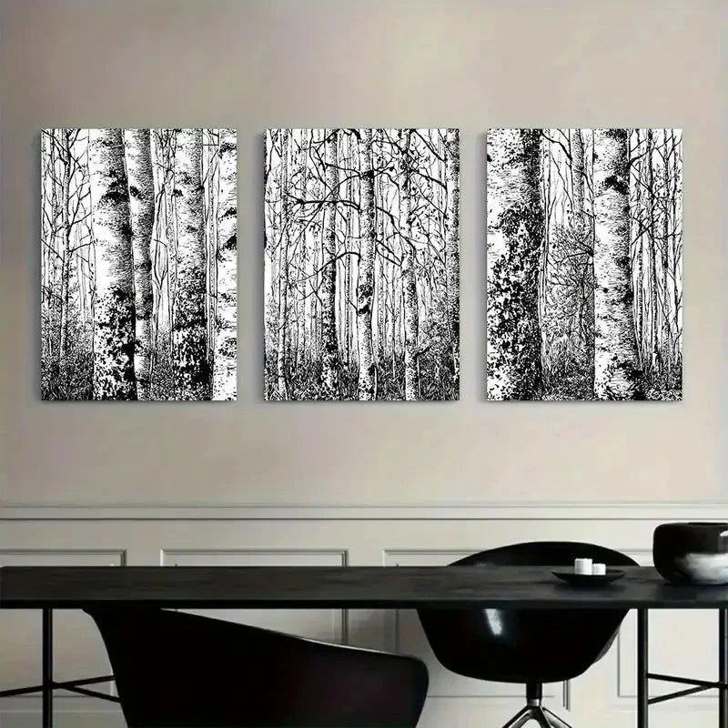 3pcs Black and White Scene of Birch Forest Metal Print Ready to Hang Art