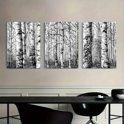 3pcs Black and White Scene of Birch Forest Metal Print Ready to Hang Art