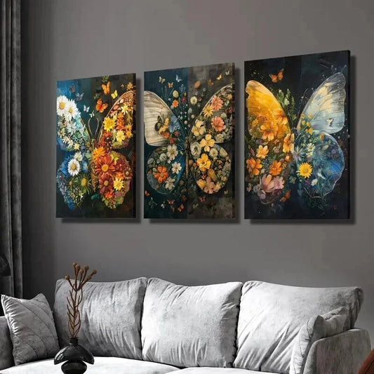 3pcs Butterflies and Botanical Flowers Wall Art Set Canvas Framed 40x60cm - High Quality Print 100% Australian Made Wall Canvas Ready to Hang