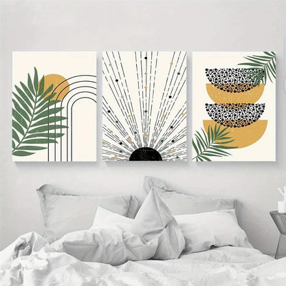 3pcs Green Leaf & Geometric Design Metal Print Ready to Hang Art