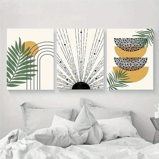 3pcs Green Leaf & Geometric Design Metal Print Ready to Hang Art