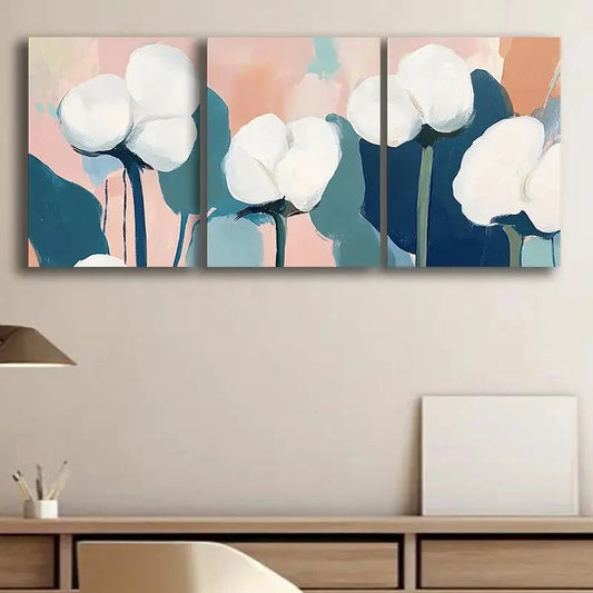 3pcs Abstract White Flowers Blue Metal Print Ready to Hang Art