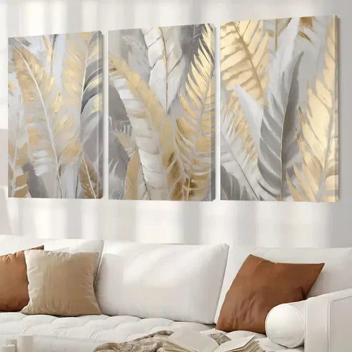 3pcs Abstract Golden Leaf Palm Canvas Framed 60X90cm - High Quality Print 100% Australian Made Wall Canvas Ready to Hang