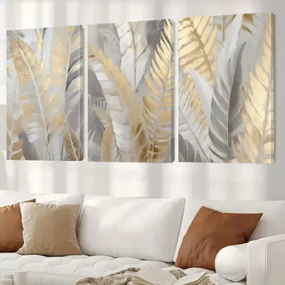 3pcs Abstract Golden Leaf Palm Canvas Framed 60X90cm - High Quality Print 100% Australian Made Wall Canvas Ready to Hang