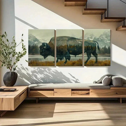 3pcs Buffalo Silhouette with Forest Landscape Wall Art Set Canvas Framed 40x60cm - High Quality Print 100% Australian Made Wall Canvas Ready to Hang