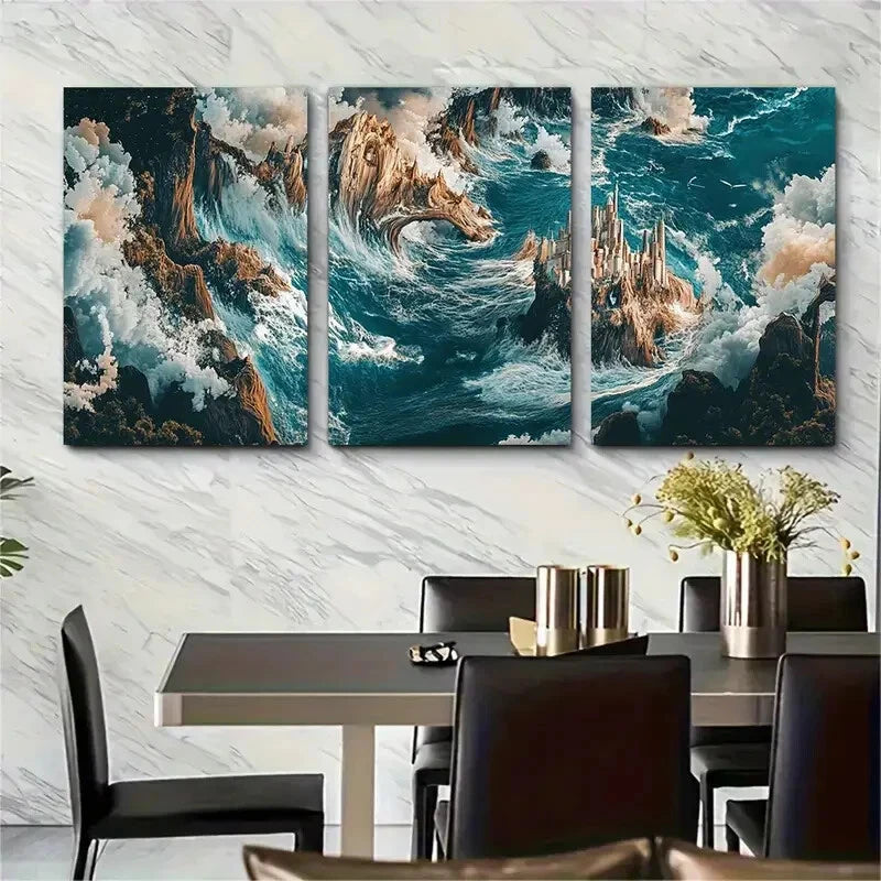 3pcs A Rough Ocean Scene Ocean Landscape Metal Print Ready to Hang Art