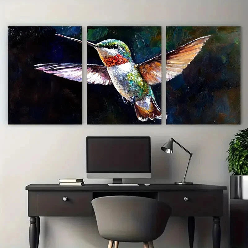 3pcs Hummingbird Showcases in Dark Background Metal Print Ready to Hang Art