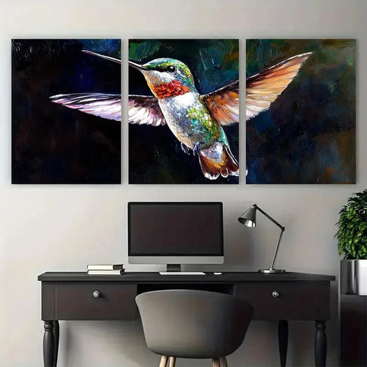 3pcs Hummingbird Showcases in Dark Background Metal Print Ready to Hang Art