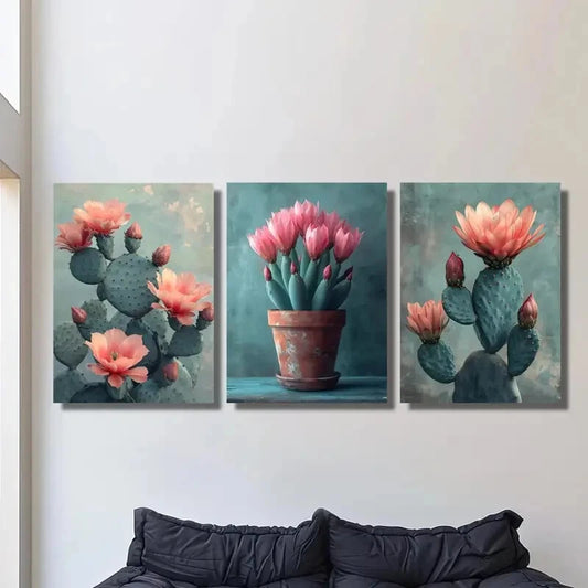 3pcs cactus flowers, potted desert plants, Metal Print Ready to Hang Art