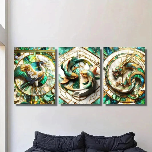 3pcs Japanese Crane, Dragon, and Koi Metal Print Ready to Hang Art