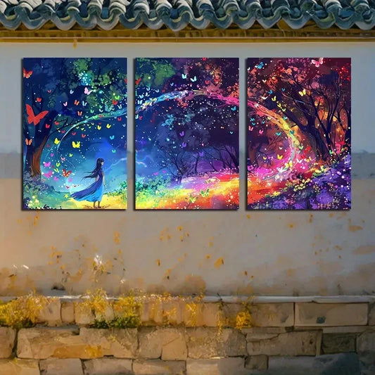 3pcs Vibrant Butterfly Girl Magical Illustration Metal Print Ready to Hang Art