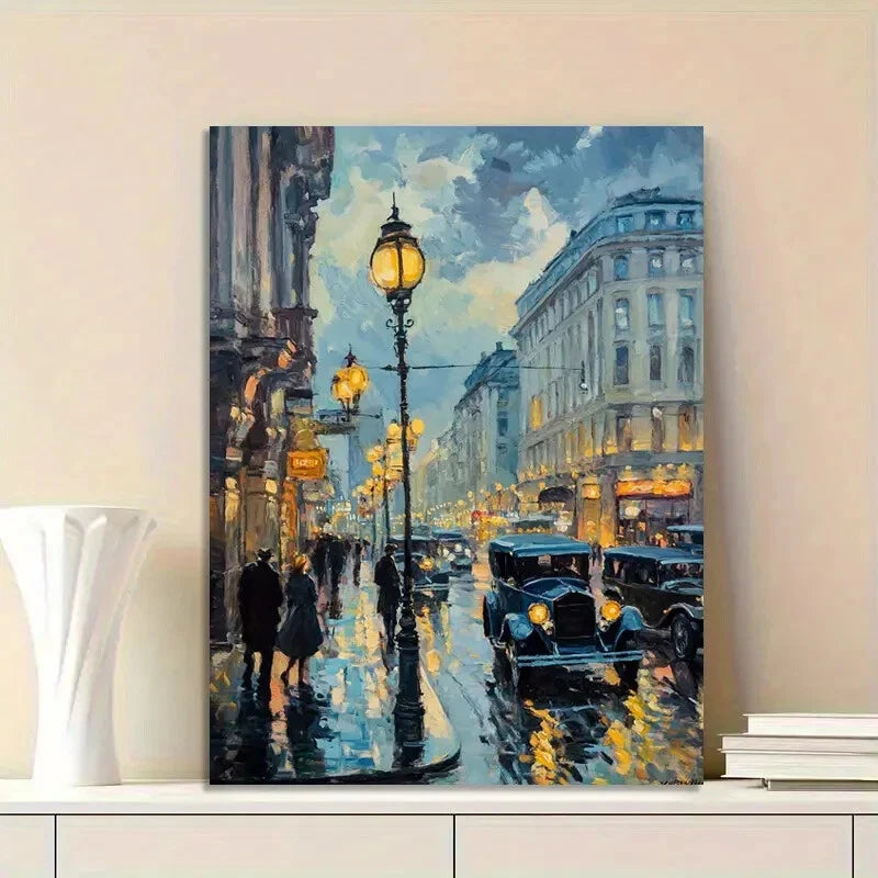 Vintage Car Driving Through The Streets Evening 40x60cm Metal Print Ready to Hang