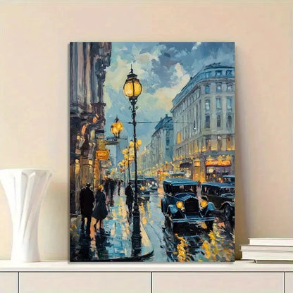 Vintage Car Driving Through The Streets Evening 40x60cm Metal Print Ready to Hang