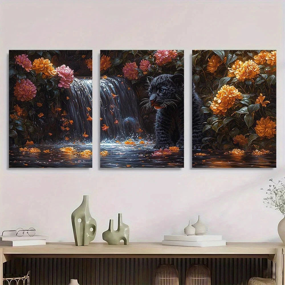 3pcs Black Panther Cub Waterfall & Floral Design Metal Print Ready to Hang Art