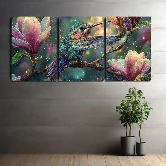 3pcs Vibrant Hummingbird & Magical Effects Metal Print Ready to Hang Art
