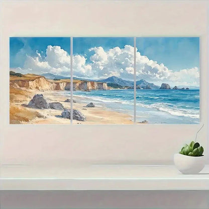 3pcs Watercolor Coastline with Cliffs & Ocean Wave Metal Print Ready to Hang Art