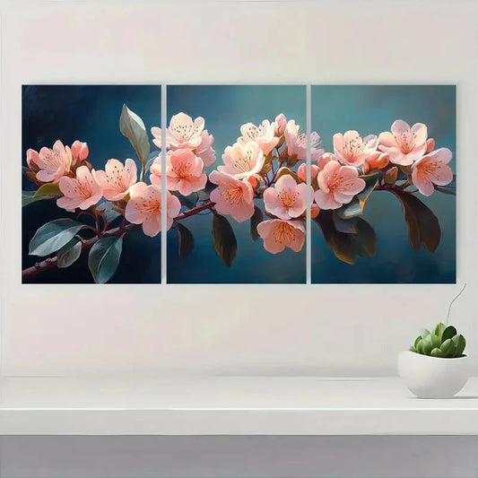 3pcs Pink & White Flowers with Green Leaves Metal Print Ready to Hang Art
