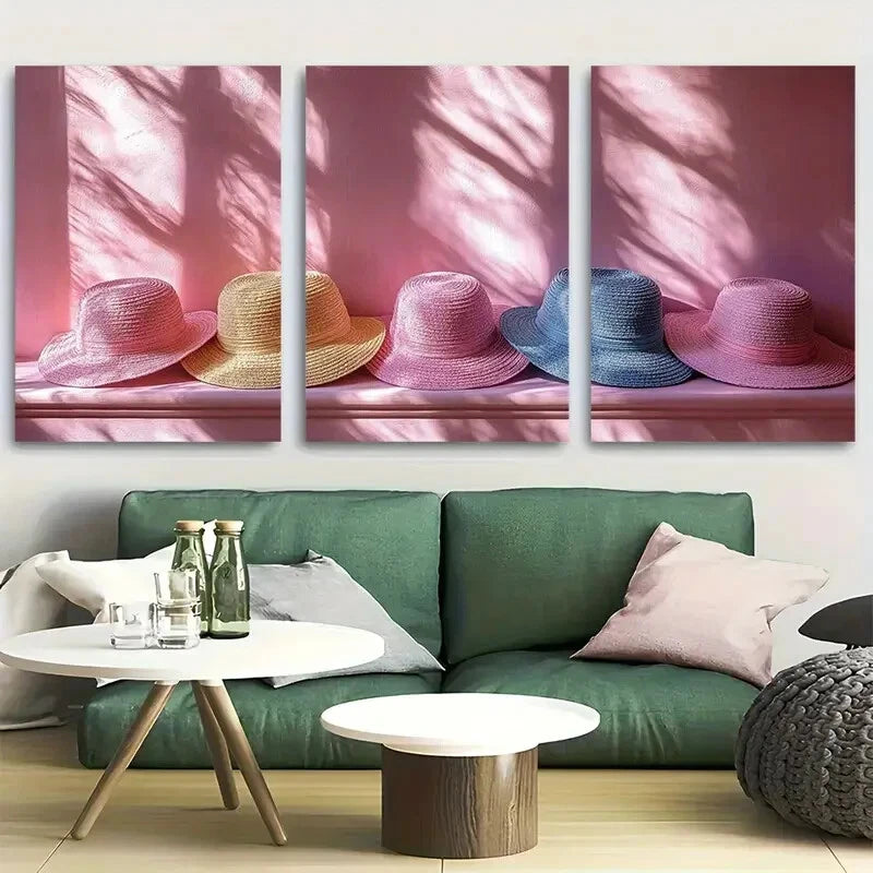 3pcs Soft Light Pink Hats Minimalist Design Metal Print Ready to Hang Art