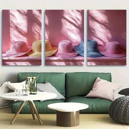 3pcs Soft Light Pink Hats Minimalist Design Metal Print Ready to Hang Art