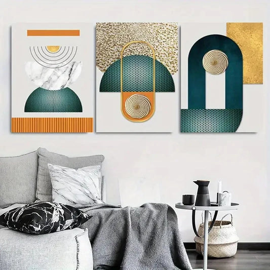3pcs Minimalist Teal and Golden Wall Art Set Canvas Framed 40x60cm - High Quality Print 100% Australian Made Wall Canvas Ready to Hang