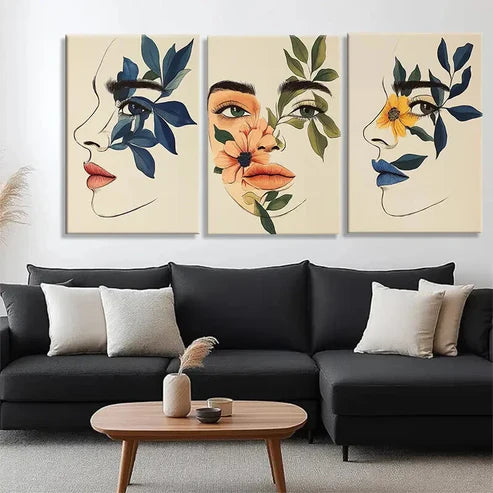 3pcs Abstract Faces & Floral Botanical Perfect Wall Art Canvas Unframed - High Quality Print 100% Australian Made Wall Canvas