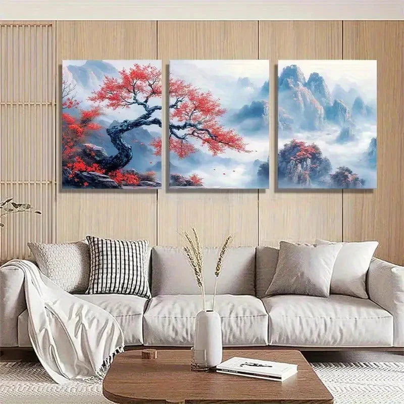 3pcs Red Maple and Misty Mountain Watercolor Metal Print Ready to Hang Art