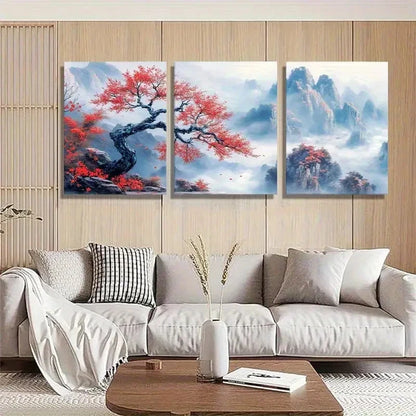 3pcs Red Maple and Misty Mountain Watercolor Metal Print Ready to Hang Art