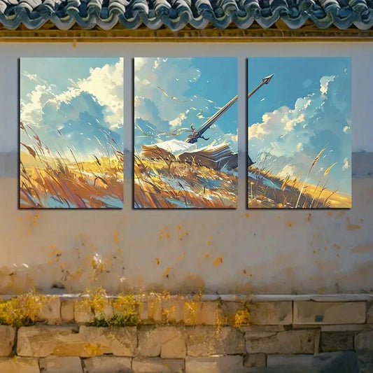 3pcs Vibrant Sword in Grass Design Metal Print Ready to Hang Art