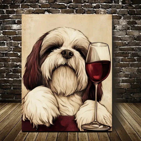 Humorous Depiction of a Lhasa Apso Dog with Wine 40x60cm Metal Print Ready to Hang