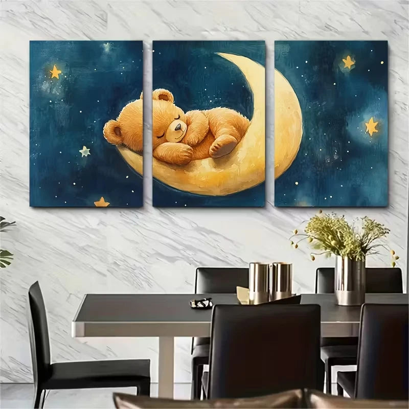 3pcs Cute Watercolor Teddy Bear Napping on Moon Metal Print Ready to Hang Art