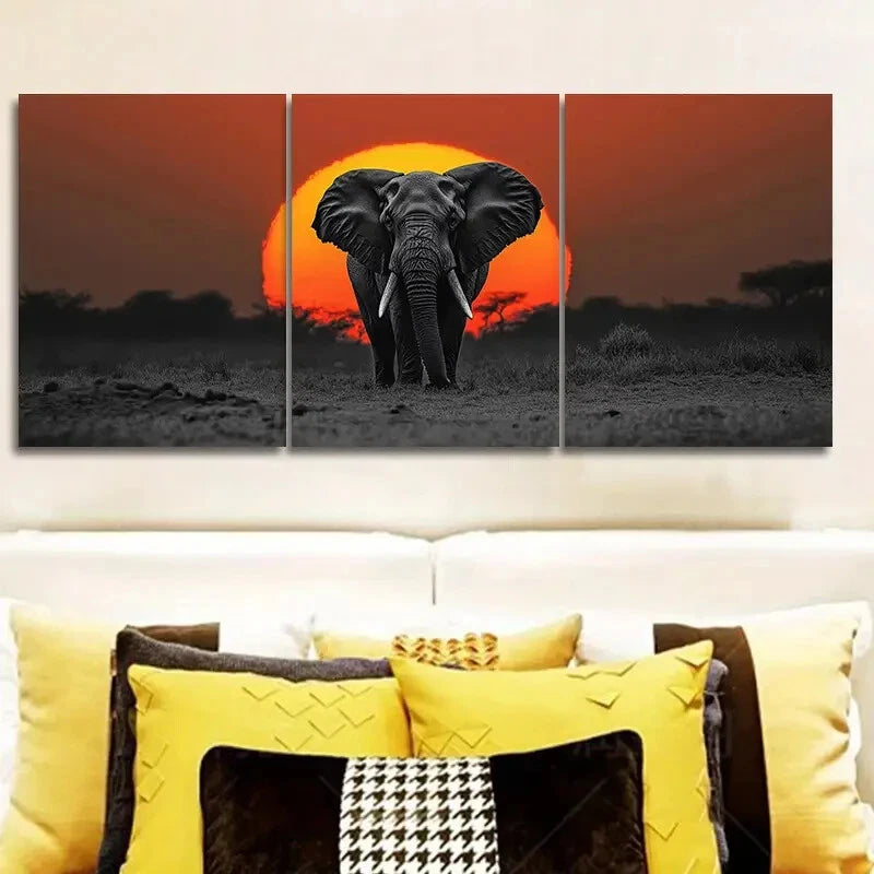 3pcs Elephant at Sunrise Triptych Classic Metal Print Ready to Hang Art