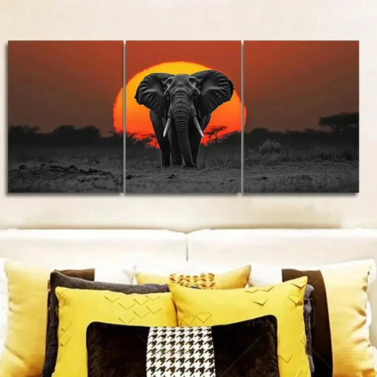 3pcs Elephant at Sunrise Triptych Classic Metal Print Ready to Hang Art