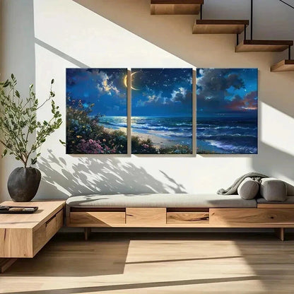 3pcs Fantasy Landscape Seaside Moon Flowers Wall Art Set Canvas Framed 40x60cm - High Quality Print 100% Australian Made Wall Canvas Ready to Hang
