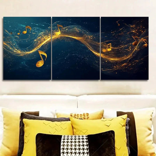 3pcs Musical Notes & Abstract Golden Swirl Metal Print Ready to Hang Art