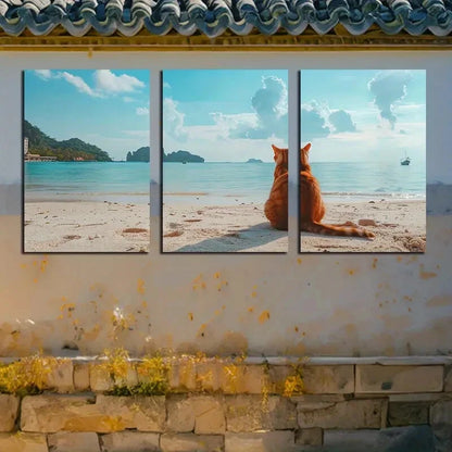 3pcs Very Cute Little Cat Is Resting By The Shore Metal Print Ready to Hang Art
