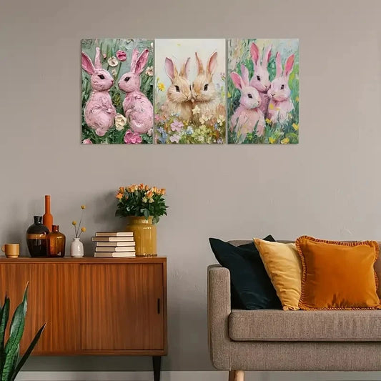 3pcs Pink Rabbit Oil Painting Print on Grass Metal Print Ready to Hang Art