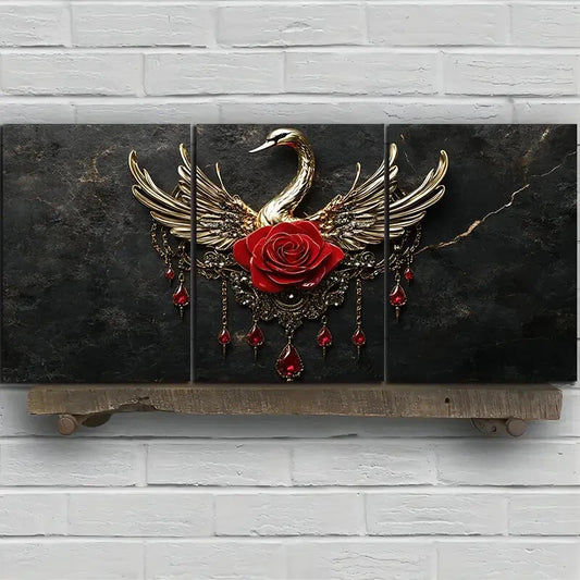 3pcs Red Rose And Golden Swan Bird Themed Metal Print Ready to Hang Art