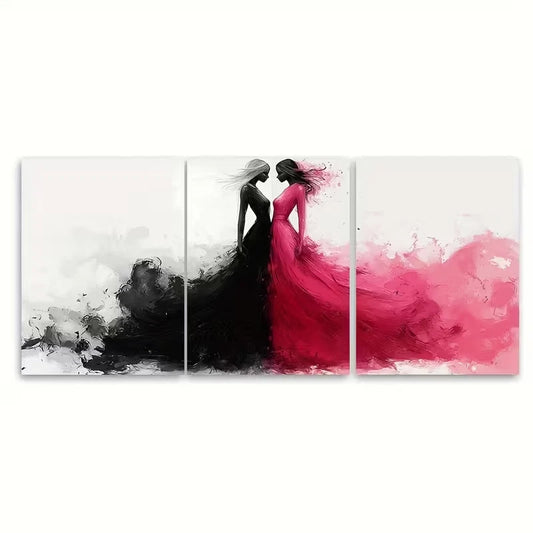 3pcs Fashion Illustration Black, White and Pink Metal Print Ready to Hang Art