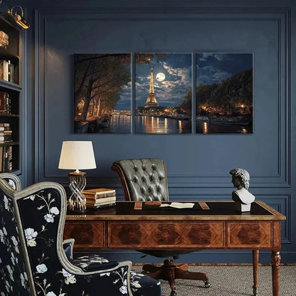 3pcs Paris Moonlit Eiffel Tower Night Scene Metal Print Ready to Hang Art