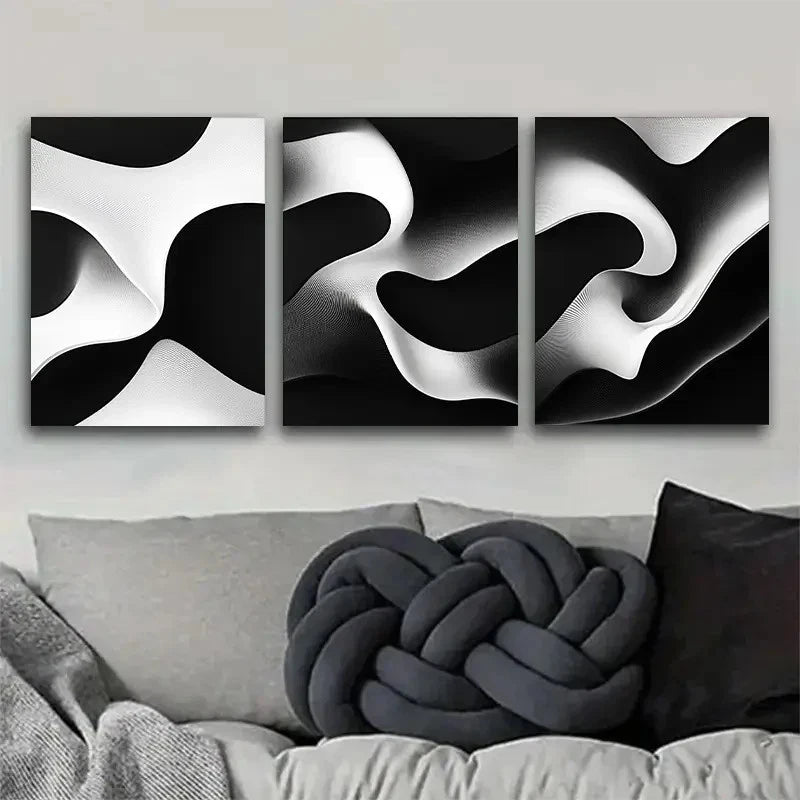 3pcs Black and White Abstract Flowing Wave Metal Print Ready to Hang Art