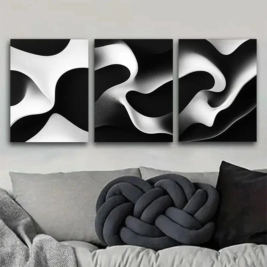 3pcs Black and White Abstract Flowing Wave Metal Print Ready to Hang Art
