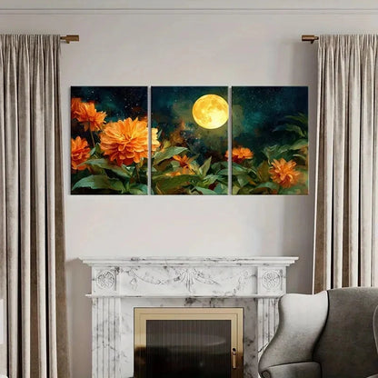 3pcs Moonlit Garden Orange Flowers Night Sky Metal Print Ready to Hang Art