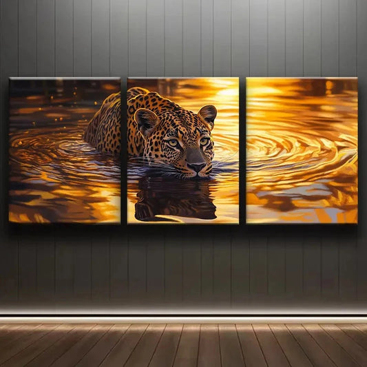 Triptych painting of a leopard in water on a wall.