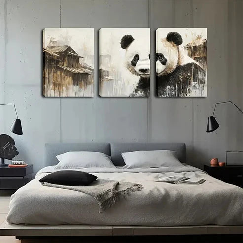 3pcs Charming Panda Traditional Building Perfect Wall Art Canvas Unframed - High Quality Print 100% Australian Made Wall Canvas