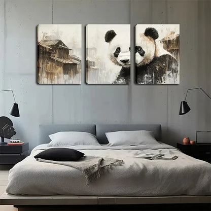 3pcs Charming Panda Traditional Building Perfect Wall Art Canvas Unframed - High Quality Print 100% Australian Made Wall Canvas